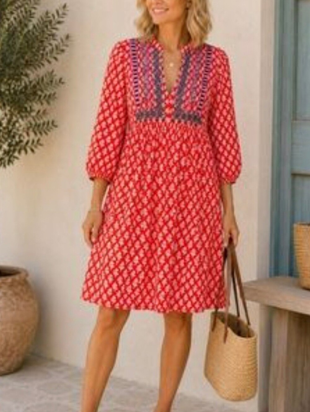 Boden Embroidered Flowy Jersey Dress Red And White Dolman Sleeves Sz 6
